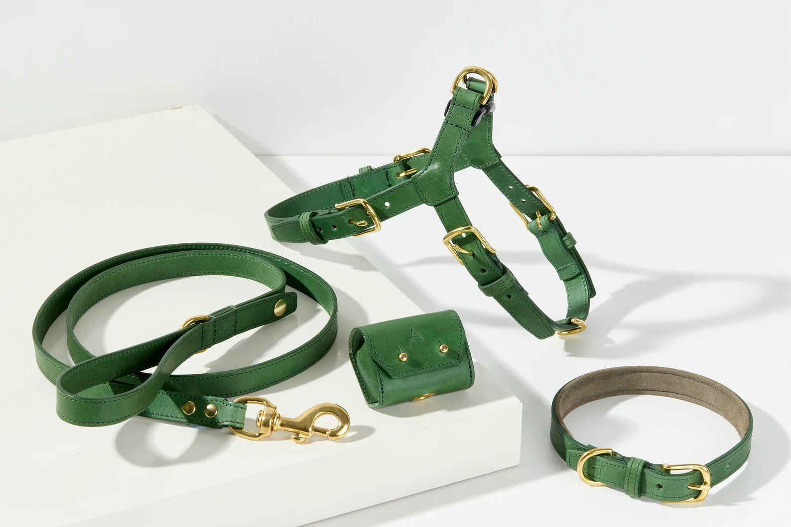 Green Real Leather Matching Dog Set | Dog Harness | Dog Leash | Dog Poo Bag Holder | Dog Collar